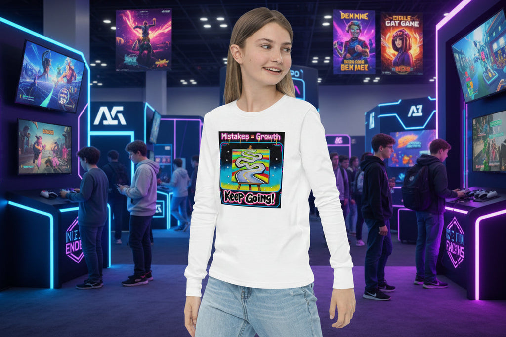 A teen girl wears a long sleeve white tshirt with the words "Mistakes = Growth" and "Keep Going!" on a cute original design